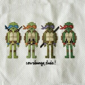 VTG Handmade TEENAGE MUTANT NINJA TURTLES COMPLETED CROSS STITCH Cowabunga, Dude